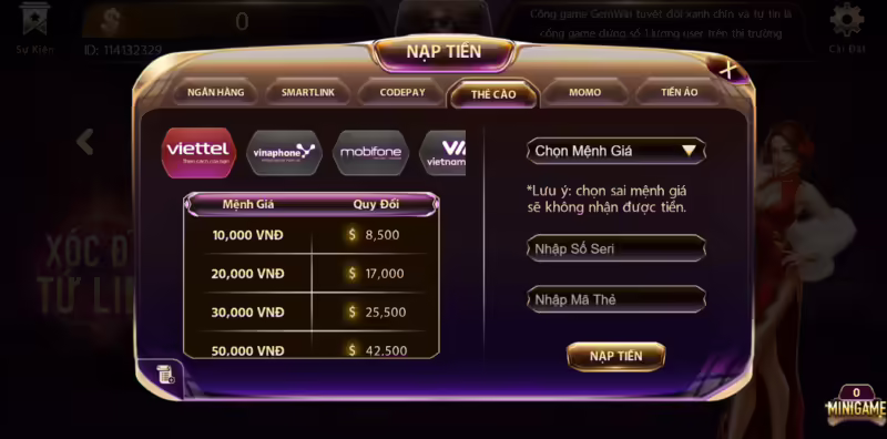 Thủ tục nạp tiền Gemwin rất đơn giản